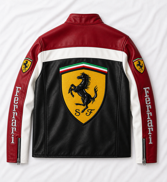 Black Ferrari Leather Racing Jacket | Clothifye