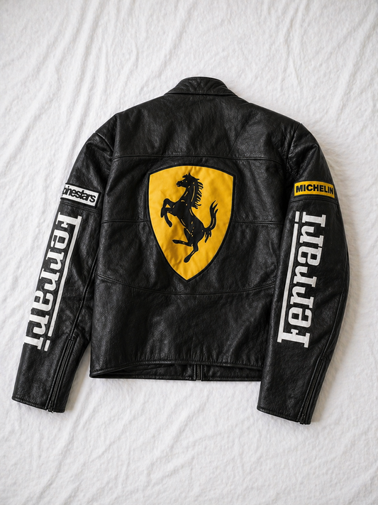Black Ferrari Leather Racing Jacket | Clothifye