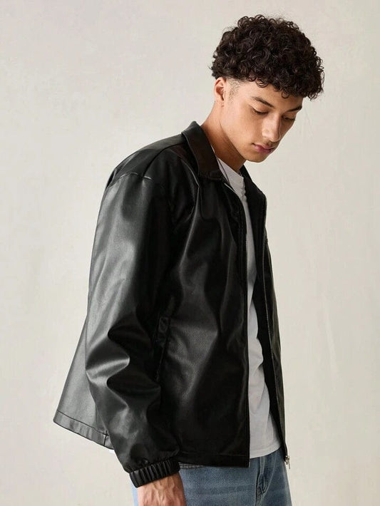 clothifye Men’s Black Faux Leather Jacket – Classic Zip-Up Streetwear Style