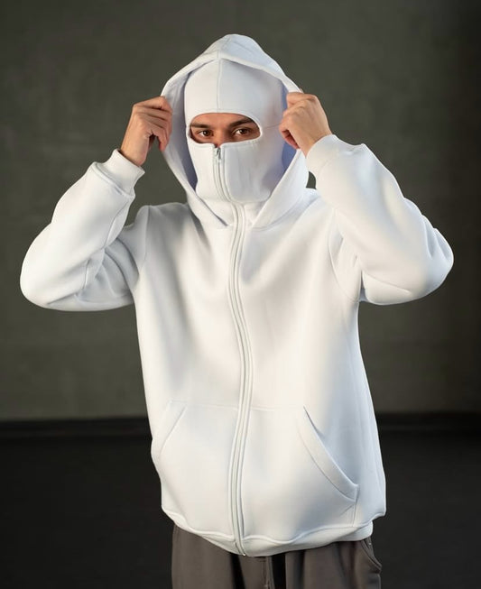 clothifye White Balaclava Hoodie – Streetwear Masked Pullover for Men & Women