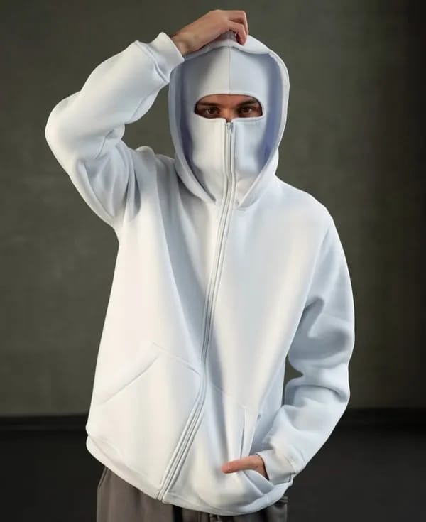 clothifye White Balaclava Hoodie – Streetwear Masked Pullover for Men & Women