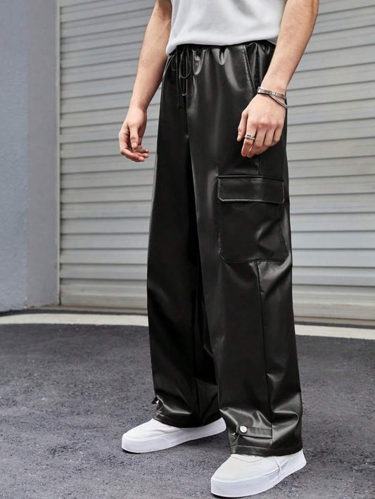 clothifye Men’s Black Faux Leather Cargo Pants – Streetwear Wide-Leg Trousers