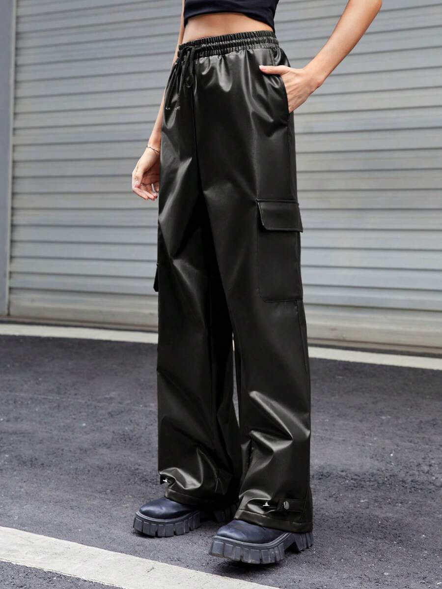 clothifye Men’s Black Faux Leather Cargo Pants – Streetwear Wide-Leg Trousers