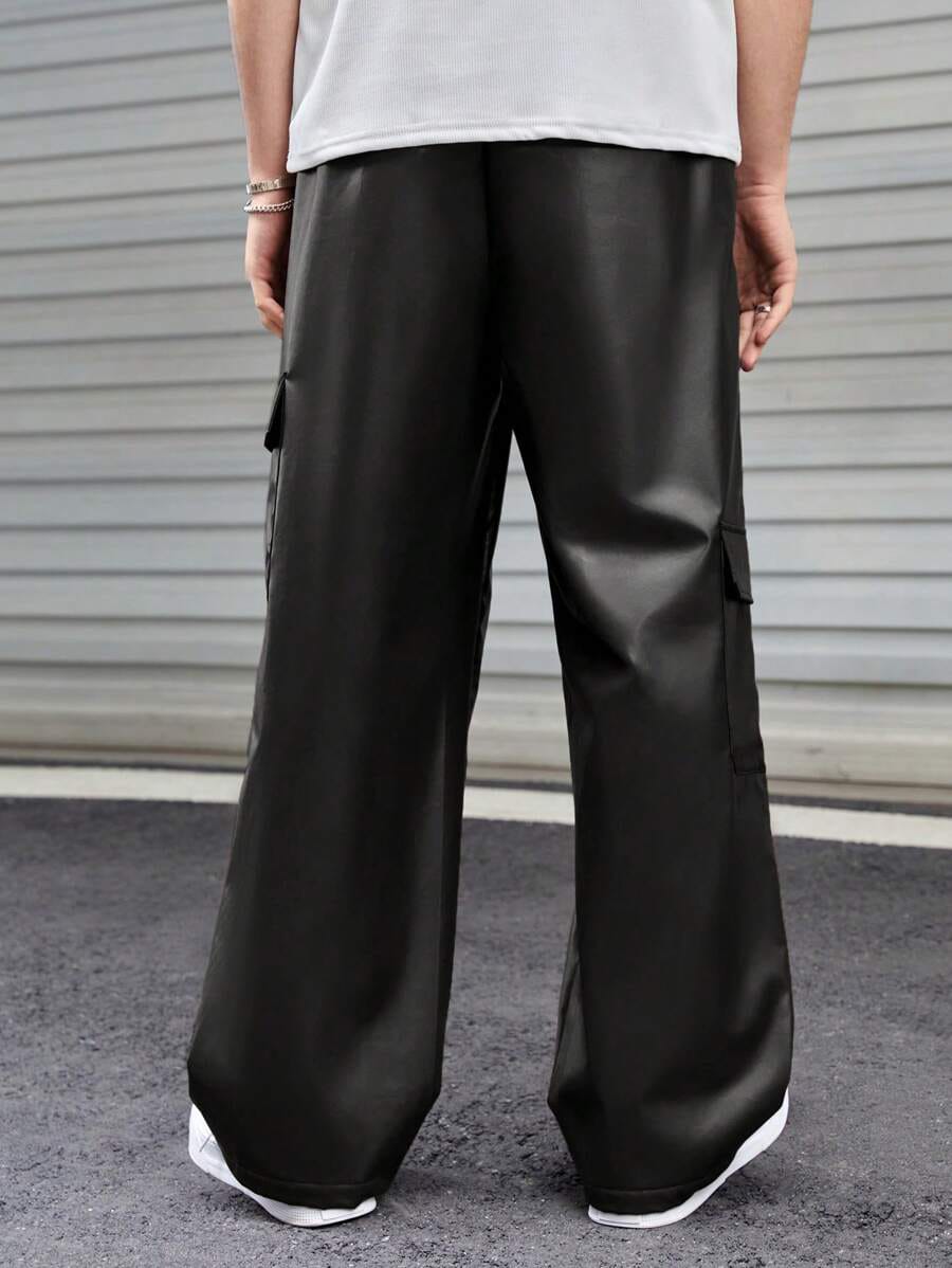 clothifye Men’s Black Faux Leather Cargo Pants – Streetwear Wide-Leg Trousers