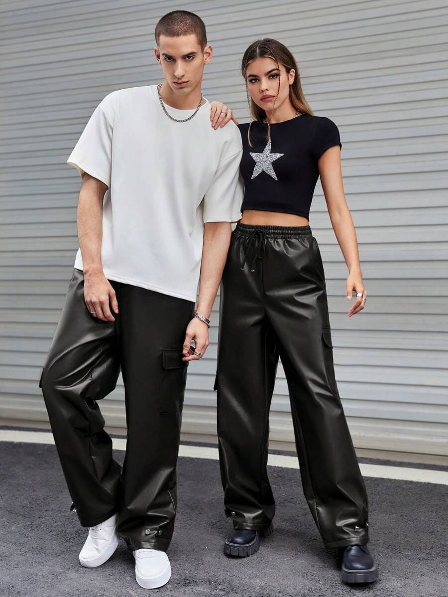 clothifye Men’s Black Faux Leather Cargo Pants – Streetwear Wide-Leg Trousers