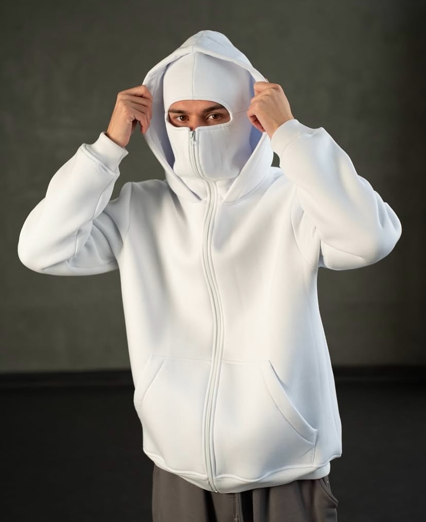 clothifye White Balaclava Hoodie – Streetwear Masked Pullover for Men & Women