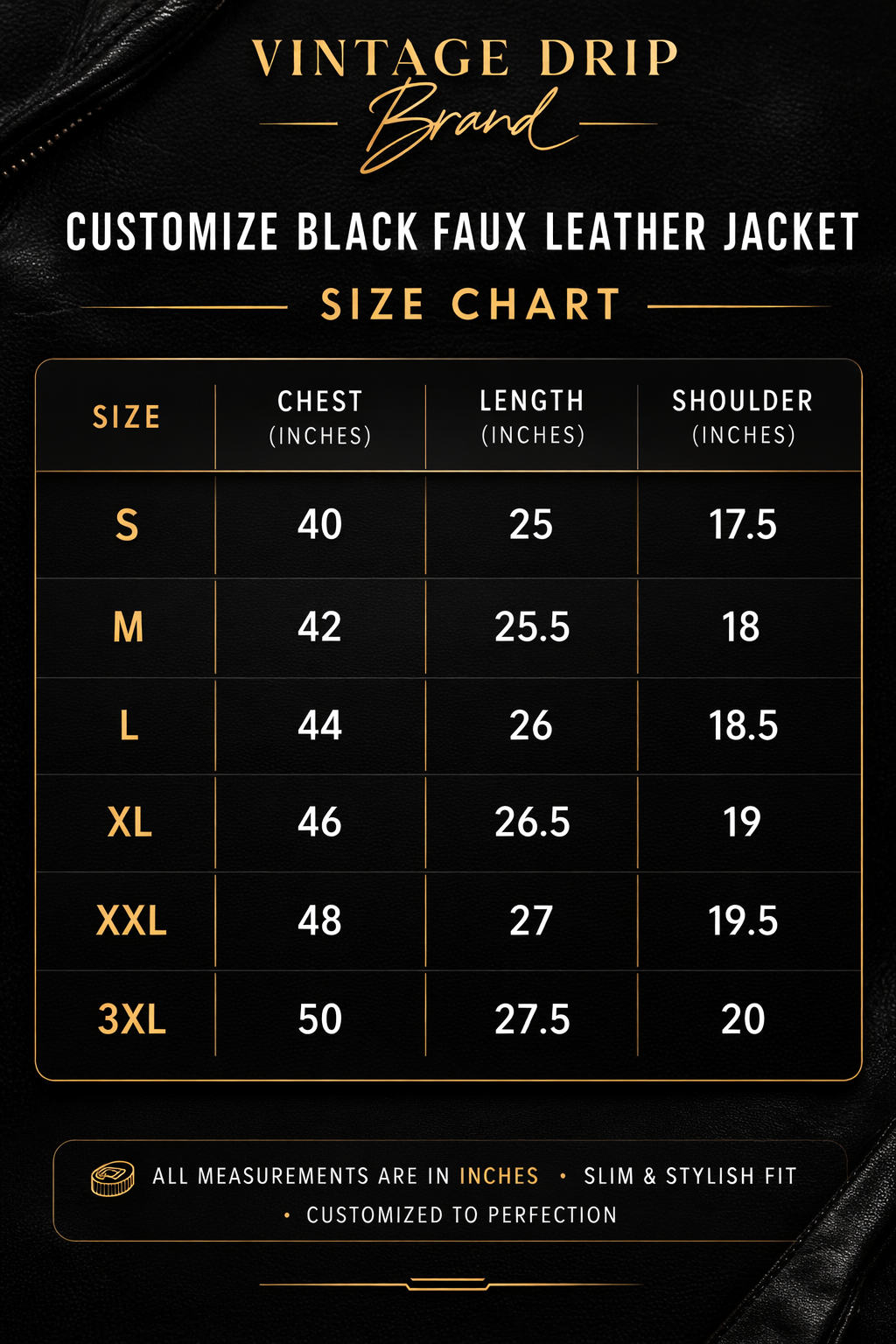 Vintage Drip brand black faux leather jacket size chart with measurements.